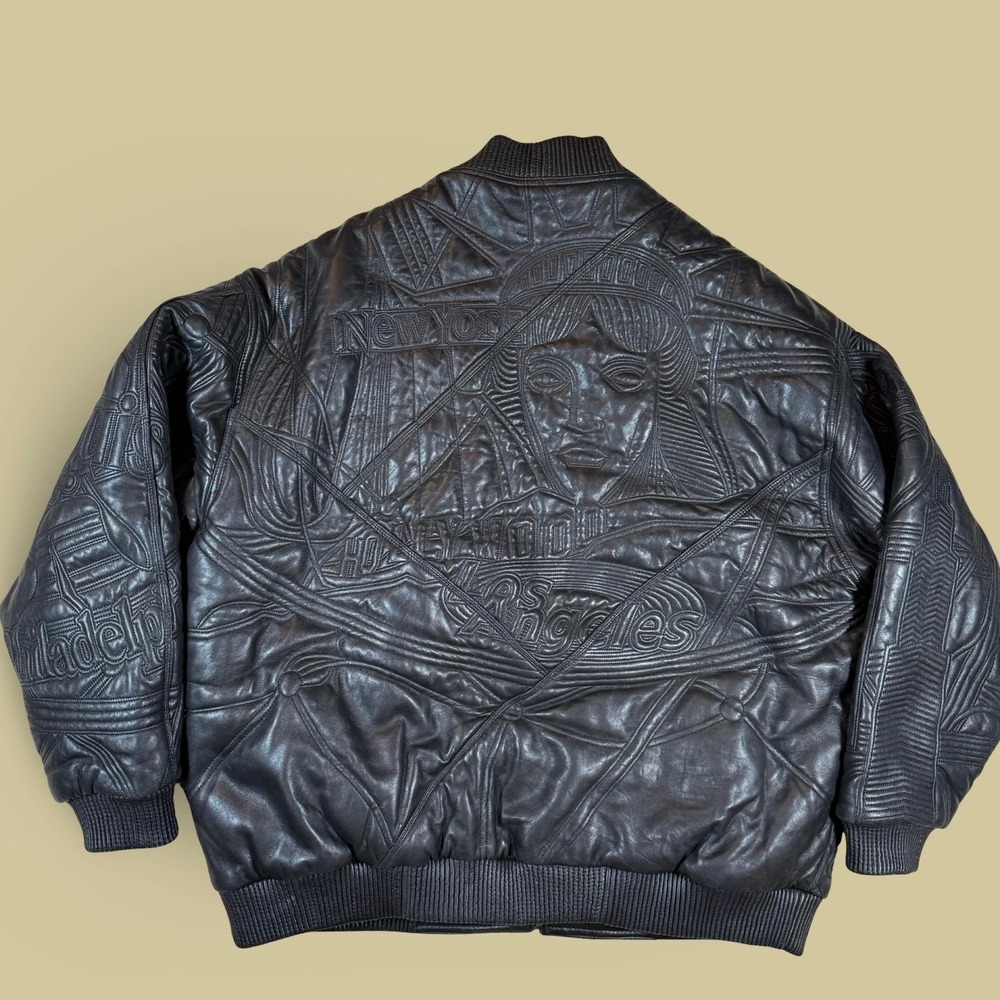 Leather Bomber Jacket Mens 3X Max USA Black Excellent Embossed City Graphics